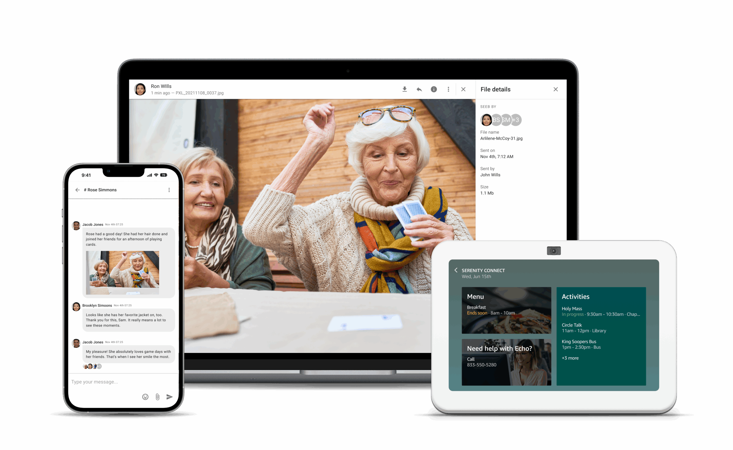 Image of Serenity being used on Alexa, mobile phone and computer